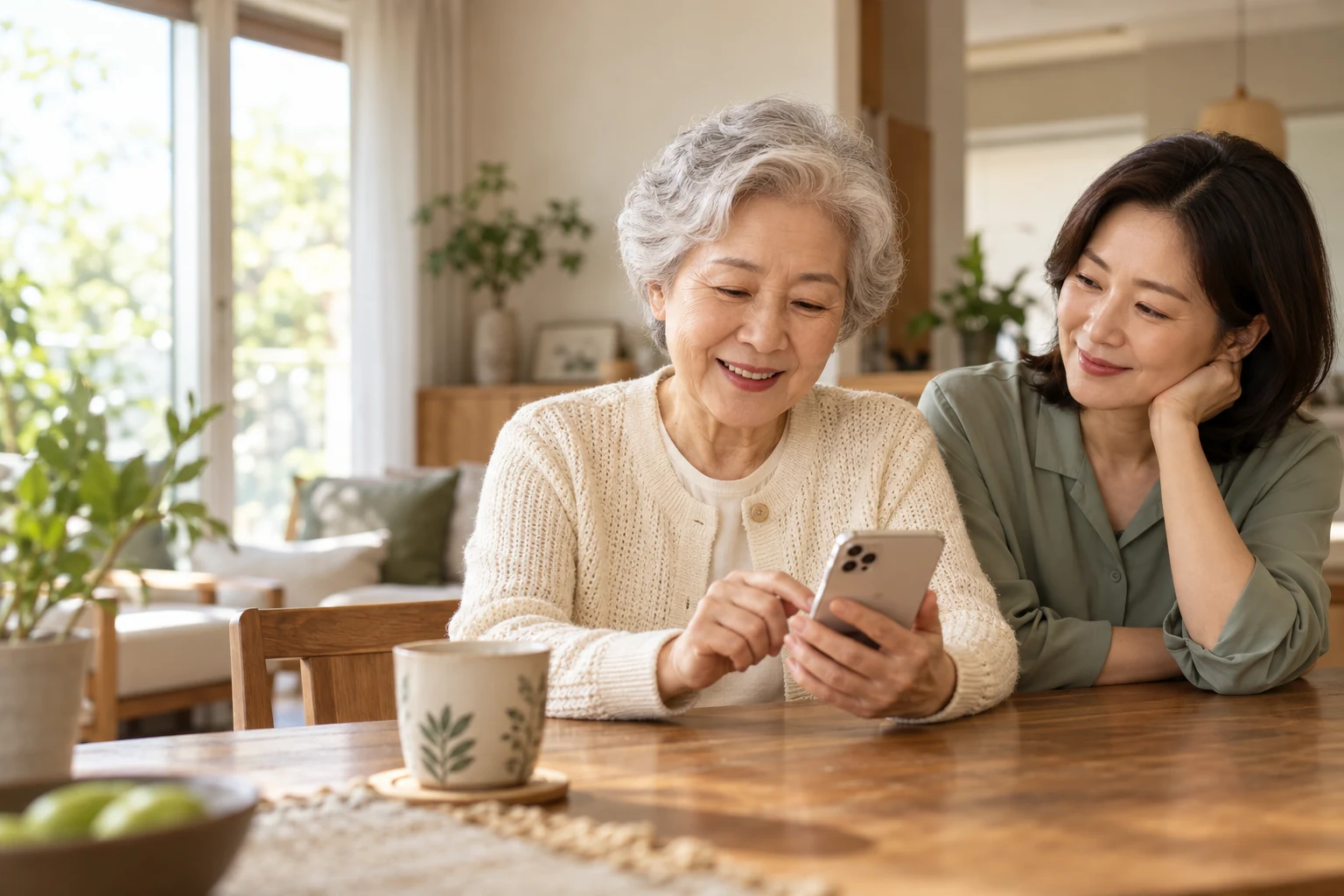 An illustrative brand image of an older Korean woman using a smartphone beside her adult daughter